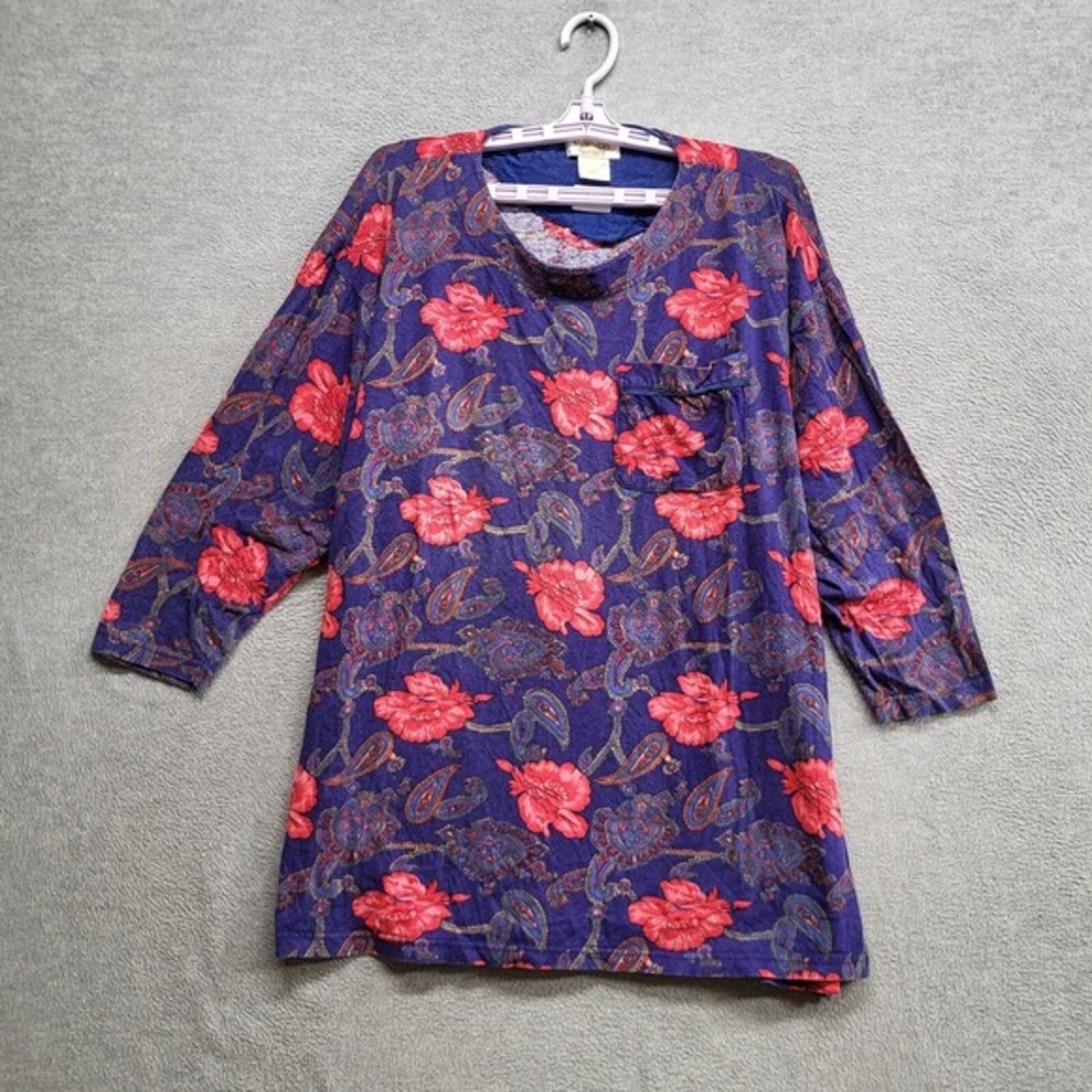 VINTAGE Victoria's Secret Women Top Large Blue Paisley Tunic 3/4 Sleeve Pullover